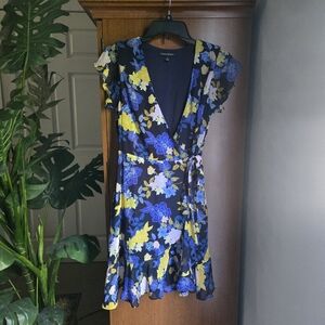 Banana Republic Blue and Yellow Flutter Sleeve Wrap Sundress